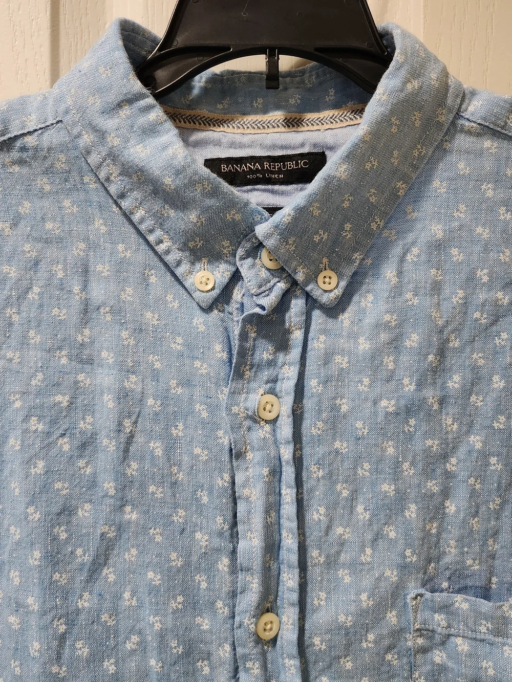 Banana Republic Blue Floral 100% Linen Camden Fit Short Sleeve Shirt Size L